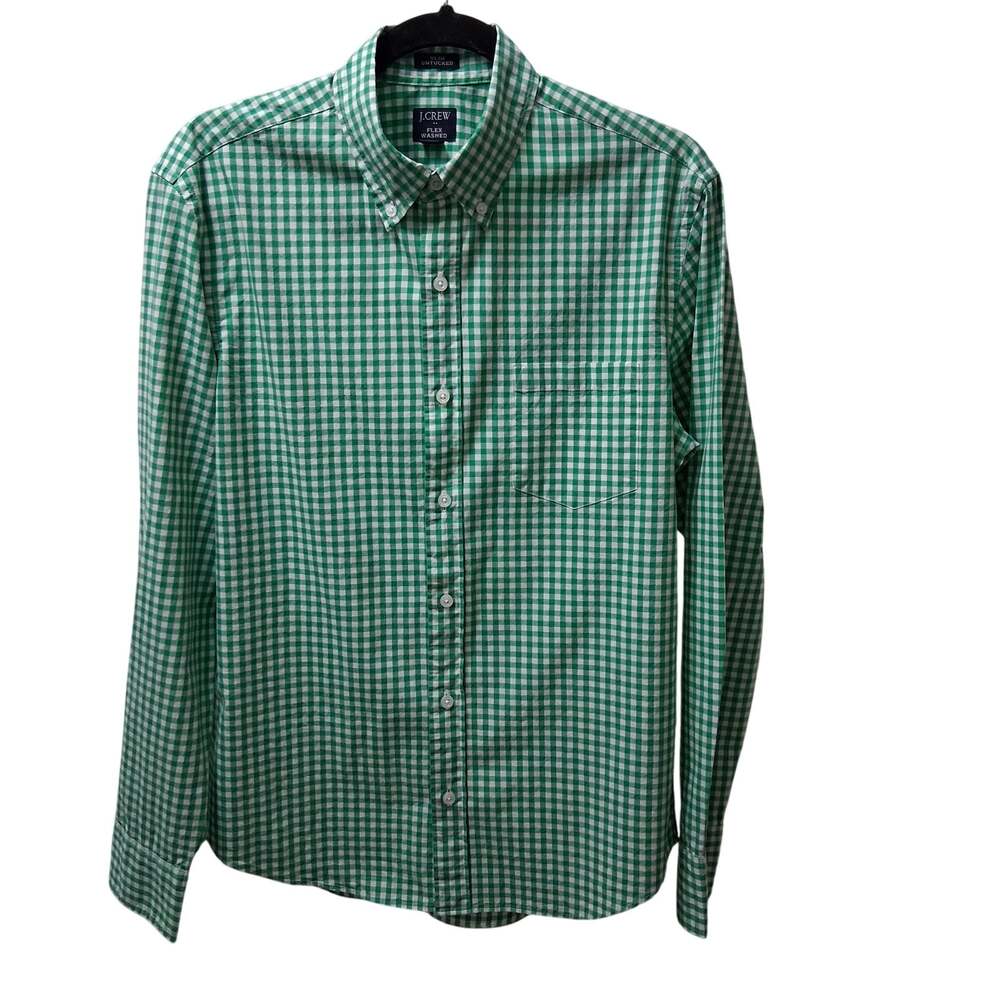 NWT J. Crew Flex Washed Green/White Gingham Men Button-Down Long Sleeve Shirt-M